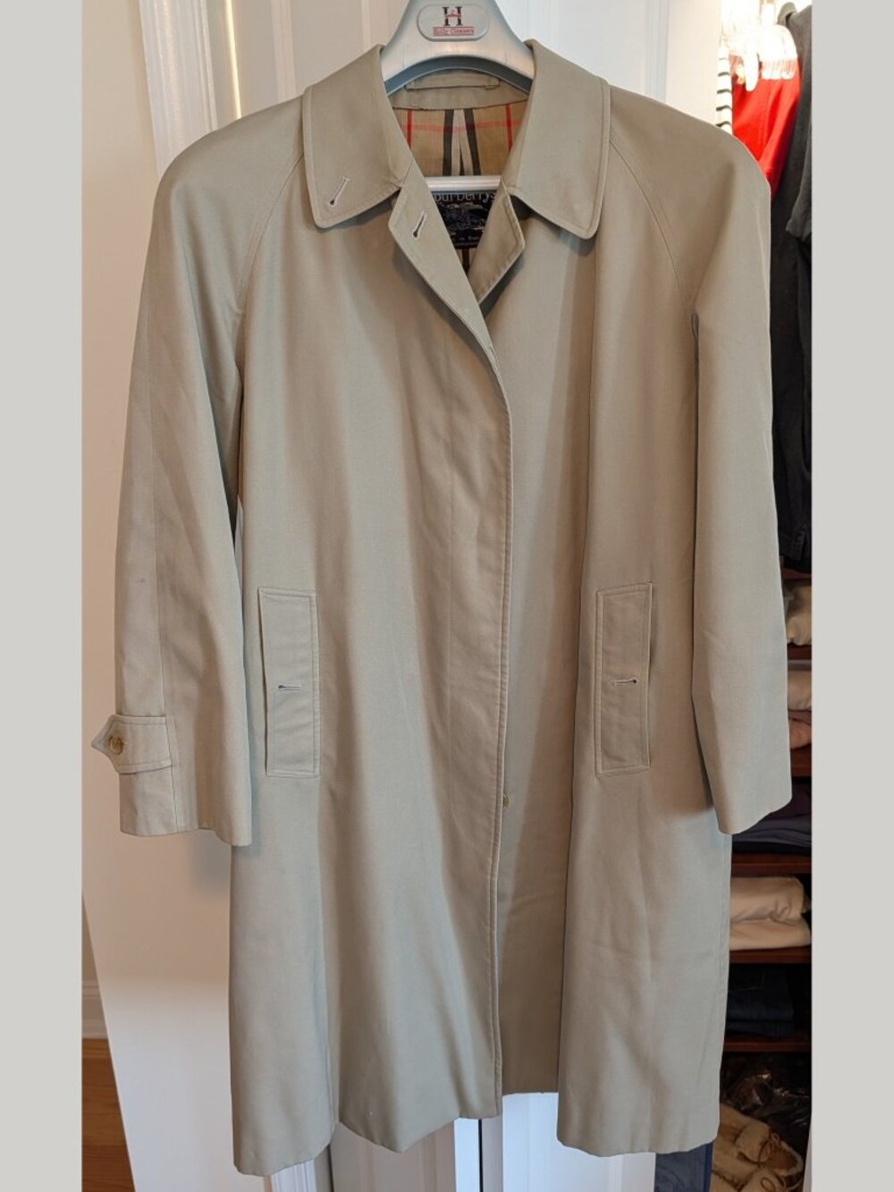 VTG Burberrys Made in England Womens L 12 Stone Nova Check Mac Trench Car Coat